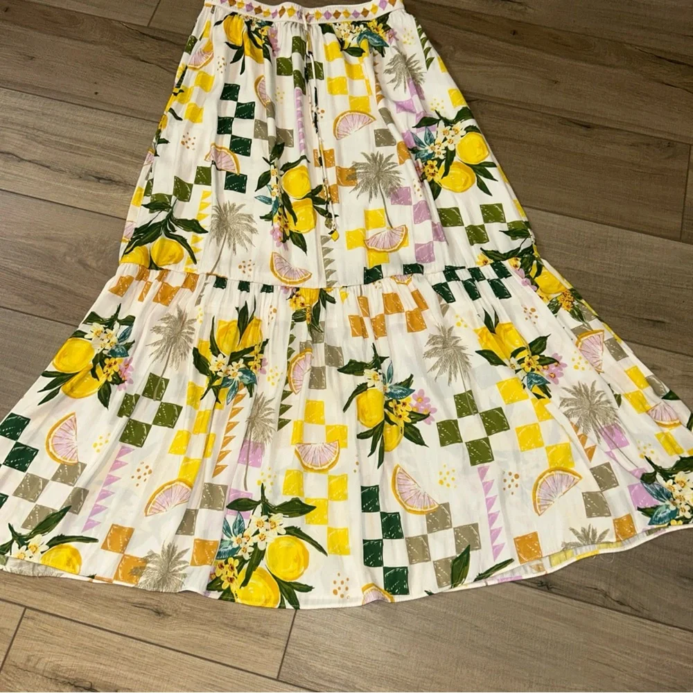 Rachel Zoe Maxi Skirt Lemons Palm Trees Peplum Cruise Festival Travel Size S - Picture 2 of 7